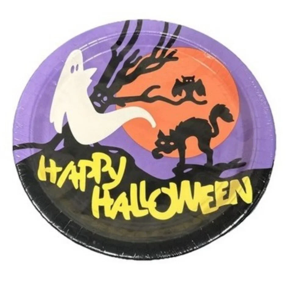 Vintage 90s Party House Halloween Ghost Cat 10.5” Dinner Plates 4 Packs of 8